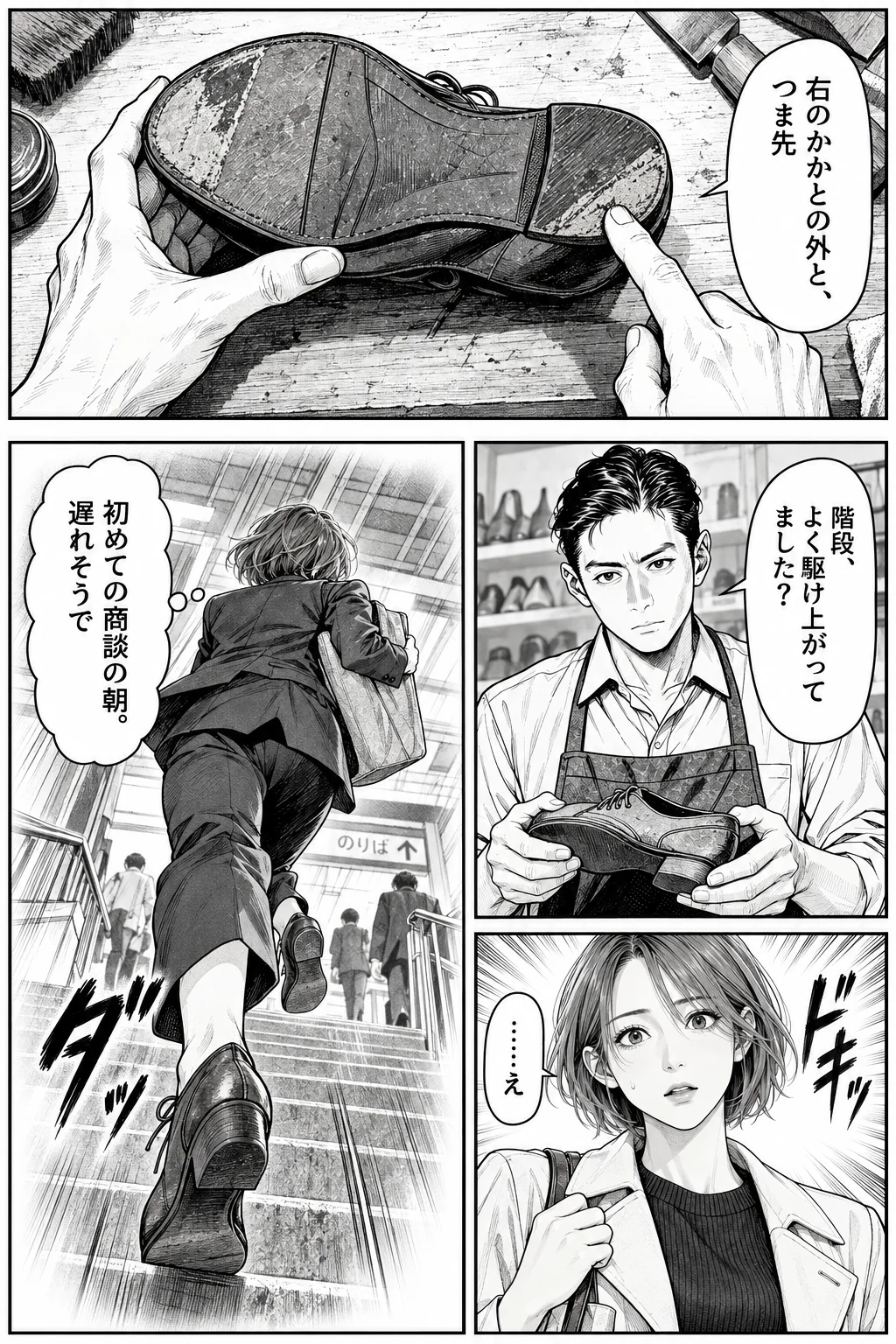 土井は靴底をなぞり「右のかかとの外と、つま先」「階段、よく駆け上がってました?」。女性はどきりとし、初めての商談の朝、まだ皺のない同じ靴で駅の階段を駆け上がった自分を思い出す。