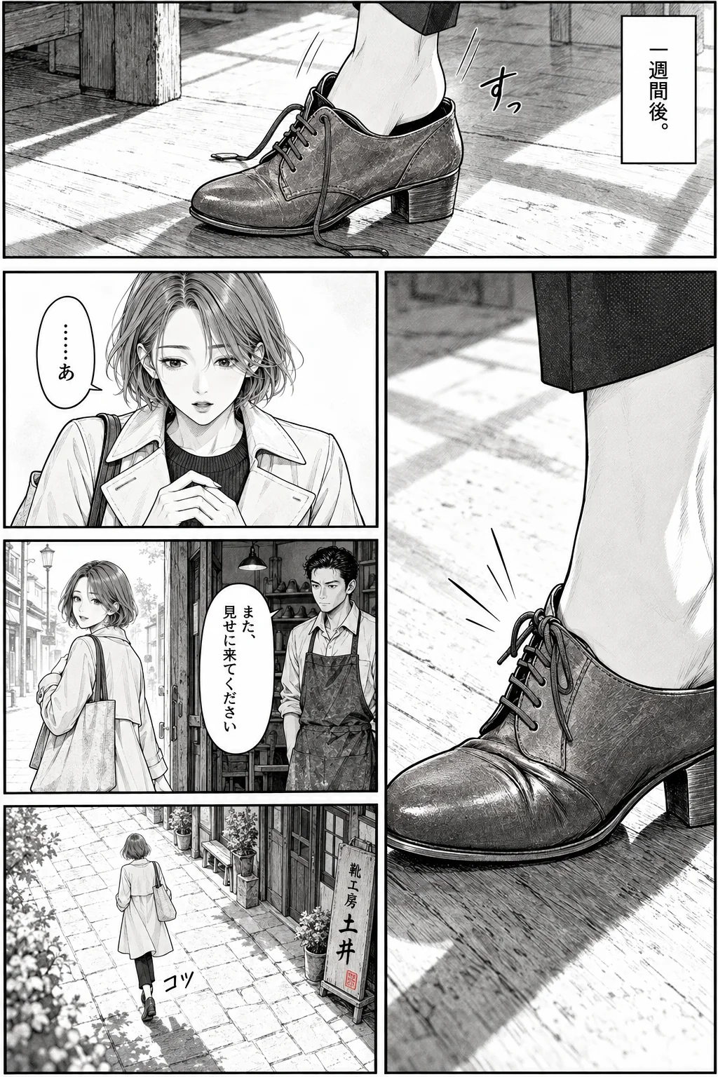 一週間後。足を入れると、残した皺が足の曲がるところでぴたりと折れる。「……あ」。「また、見せに来てください」。朝の商店街へ歩き出すヒールが、コツと鳴る。
